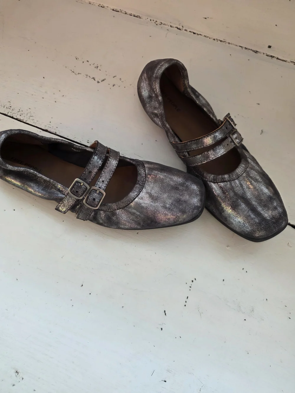 Silver Metallic Mary Jane Ballet Slippers, Flat with Double Buckle